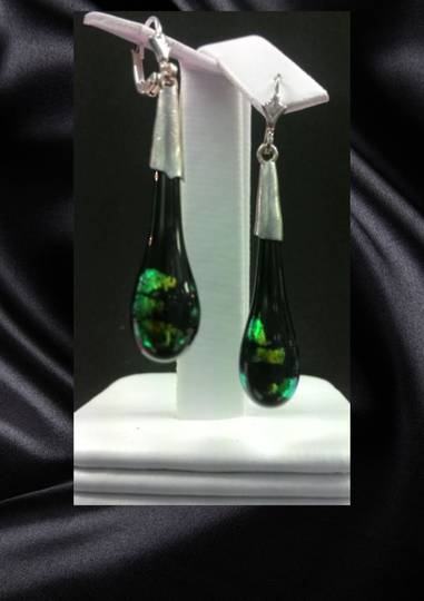 Handmade Black with Blue Green Patches Fancy Glass Earrings
